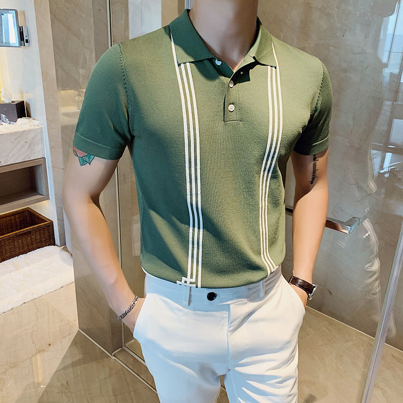 2021 summer new business short-sleeved polo shirt men&#39;s slim Korean version of the trend British knitted lapel high-end shirt