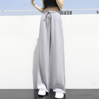 Unireal 2022 Spring Summer Women Wide Leg Pant High Waist Thin Drawstring Sweet Pink Casual Satin Palazzo Pant Trousers