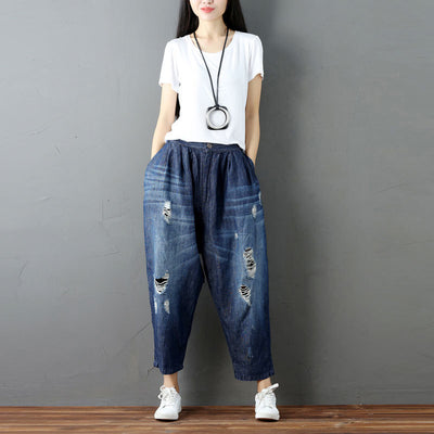 A Shirt with Water Washing and Grinding White Elastic Waist Wide Leg Denim Harem Pants Torn Radish Pants Female Wanderer