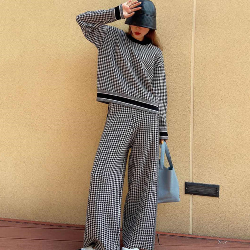 Luxury Designer 2 Piece Set Woman 2021 Spring Autumn Houndstooth Knitted Wool Blended Sweater + Pants Suit Women Sweat Suit Set