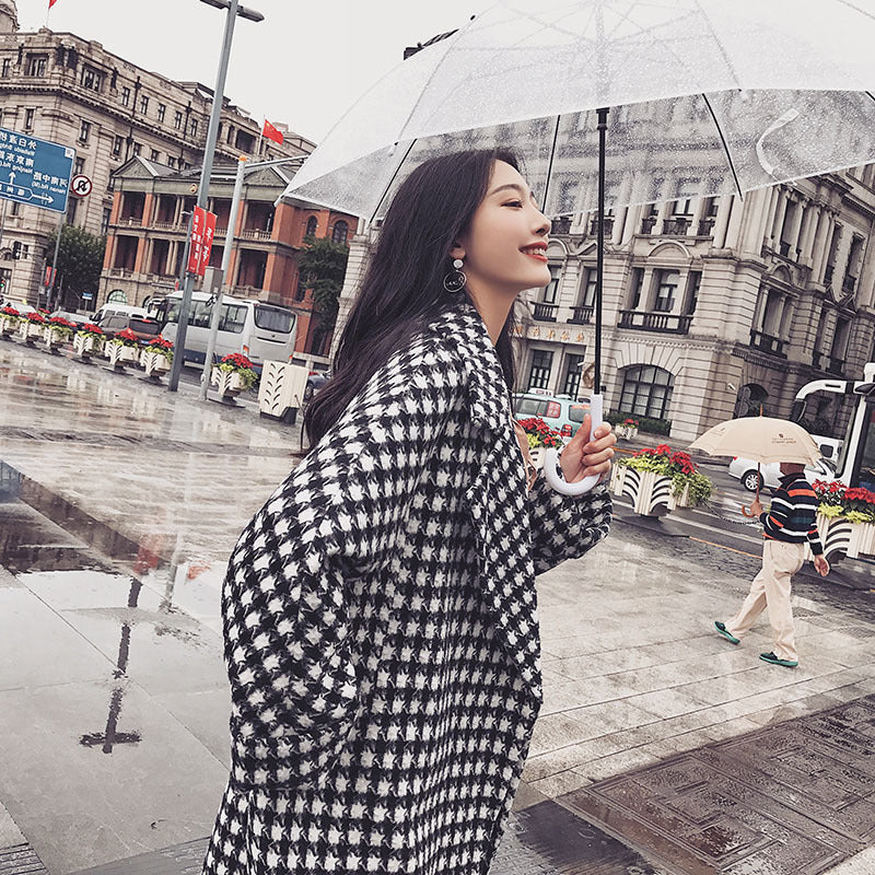 2021 Autumn and Winter Korean Version of The New Women&#39;s British Style Houndstooth Print Slim Long Coat Lapel Casual Long Coat