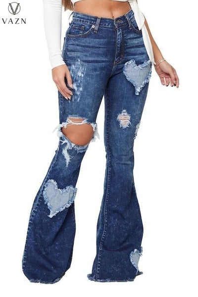 VAZN 2022 New Hot Sale Women Street Hip Hop Style Long Pants Buttons High Waist Pure Color Broken Hole Denim Long Pants