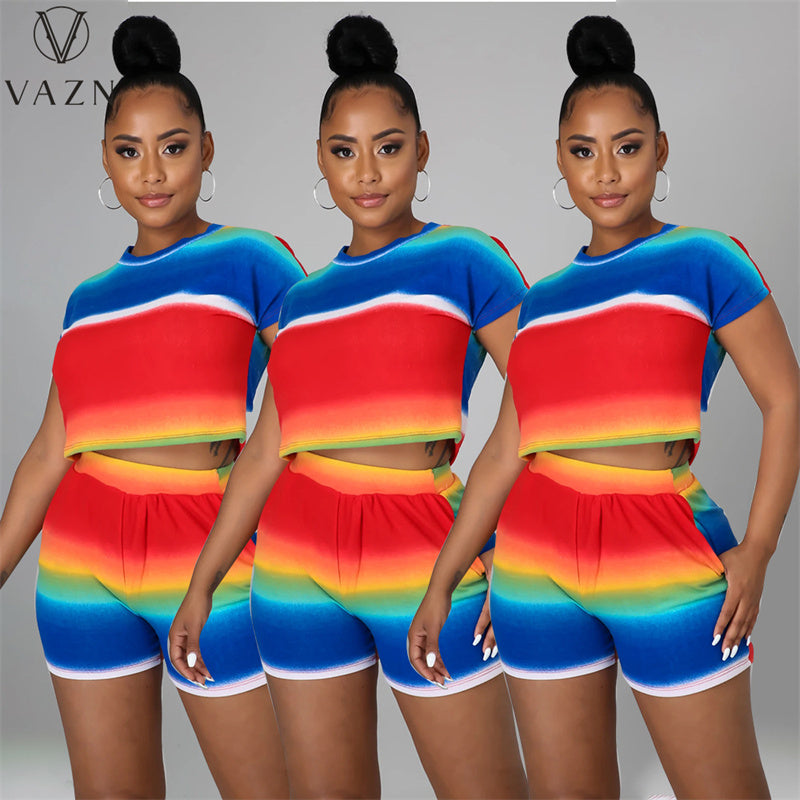VAZN 2021 Sport Running Striped Print Outfits Sport Party Women 2 Piece Set Women Short Sleeve Top And Short Pant Sets