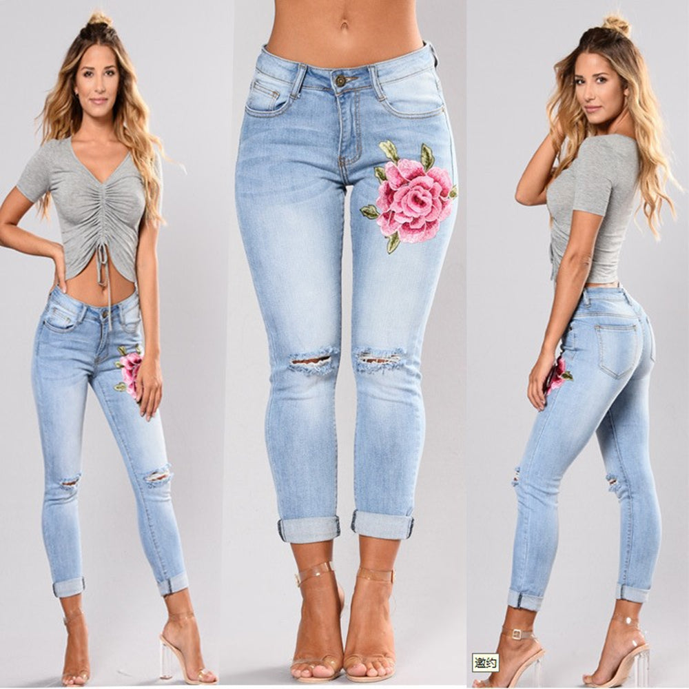 Stretch Jeans For Women Elastic Flower Jeans Ladies Pencil Denim Pants Hole Ripped Pantalon Rose Embroidered Pattern Jeans Femme