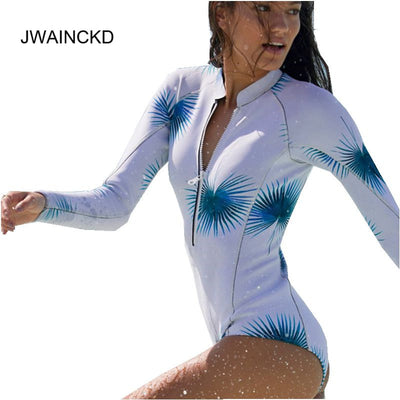 JWAINCKD 2021 Print One Piece Swimsuit Long Sleeve Swimwear Women Zipper Bathing Suit Vintage One-piece Surfing Swim Suits Mujer