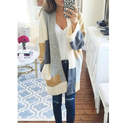 Patchwork Long Sleeve Women Knitted Sweaters Pockets Women Cardigan 2021 Autumn Winter Loose Outwear Casual Clothes Female Coats