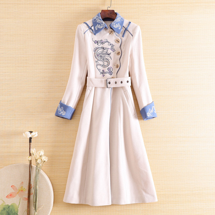 Autumn Winter Trench Coats Women Outerwear Vintage Elegant Floral Wool Embroidery Dragon Lady Overcoat Female S-XL
