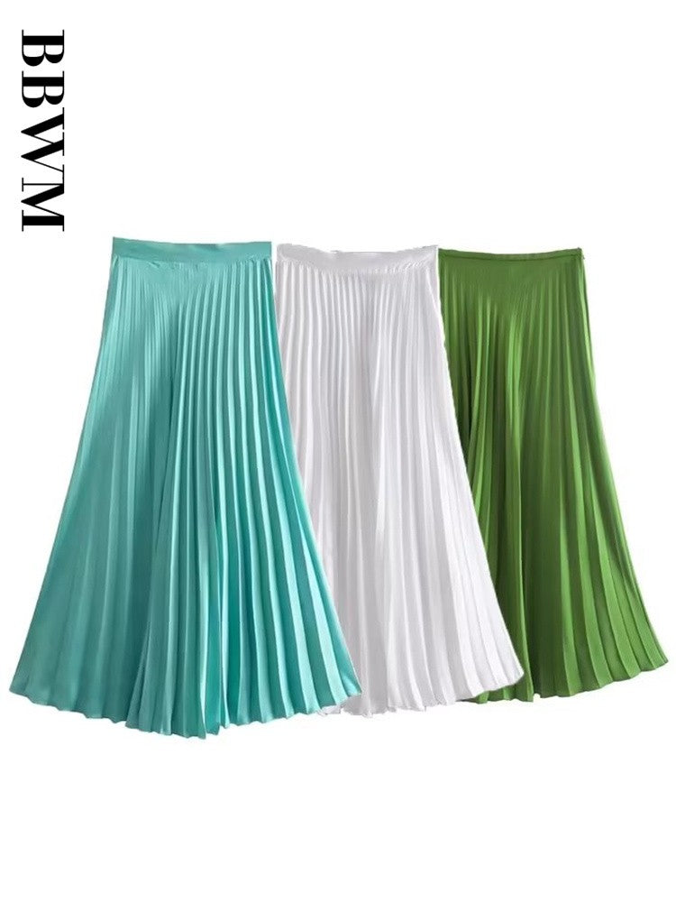 Women Summer 2022 Green Vintage Pleated Midi Skirts Faldas Mujer High Waist Side Zipper Chic Ladies Fashion A Line Skirts