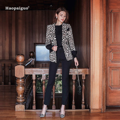 Autumn Winter Women Fashion Coats 2022 Leopard Full Sleeve Jacket Notched Suit Vintage Work Coat Office Party Blazer Coats