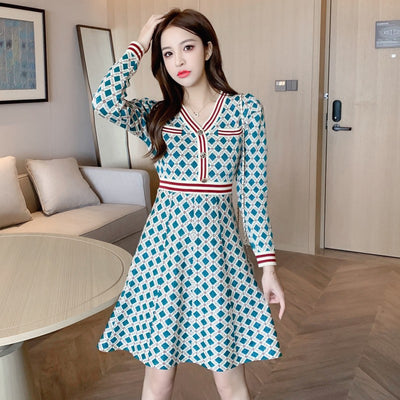 Fall Contrast Lattice Buttons Runway Dresses Long Sleeve Women&#39;s Elegant Stripe Knitted Slim Dress Vestido