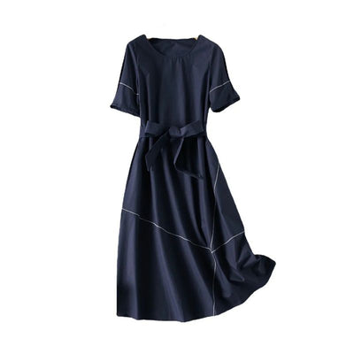 Navy Bright Line Decoration Solid Casual Lace Up Women's Dress Short Sleeve Round Neck Loose Elegant Mid-Calf Dresses For Women