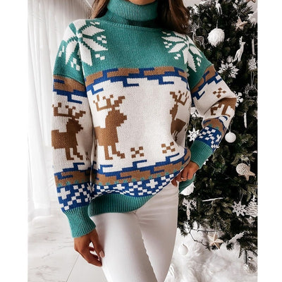 2021 Christmas Winter New Aesthetic WOMEN Graphic Baggy Sweater High Collar Elk Jacquard Knitted