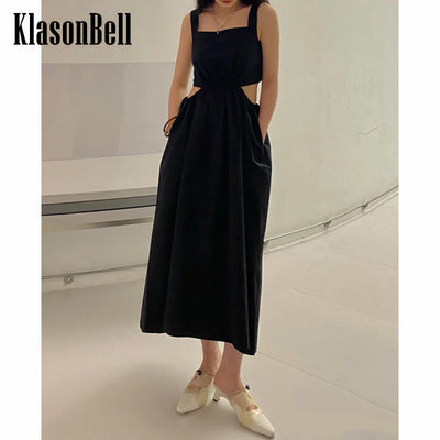 4.15 KlasonBell Sleeveless Hollow Out Waist-Revealing Drawstring Suspender Temperament Black Long Dress Women