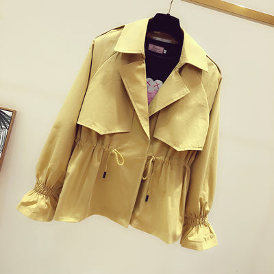 Short windbreaker female 2021 spring new coat loose wild waist thin suit collar popular Long sleeve solid color trench coat D19