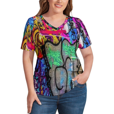 Abstract Letters Print T-Shirt Love Heart Print Vintage T-Shirts V Neck Short Sleeve Tops Women Casual Top Tees Plus Size 4XL