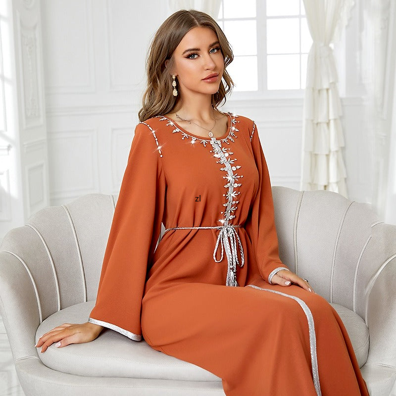 Diamonds Dress Belt Crew Neck Abaya Dubai Women&#39;s Jalabiya Ramadan Robe Muslim Arabic Moroccan Feminine Clothes