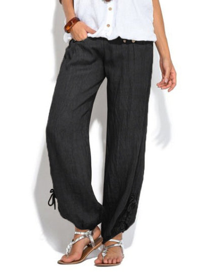 New Loose Buttons Decorating Leisure Leg Pants for Women Elastic Waist Solid White Gray Black Full Length Wide Leg Pants
