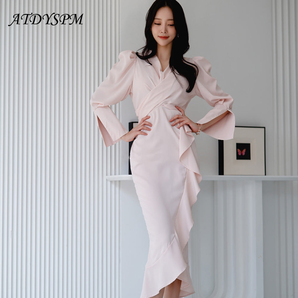 2022 Spring Summer Vintage Ruffles Dresses Women High Quality Korean Fashion Bodycon Casual Long Dress Party Dresses Vestidos