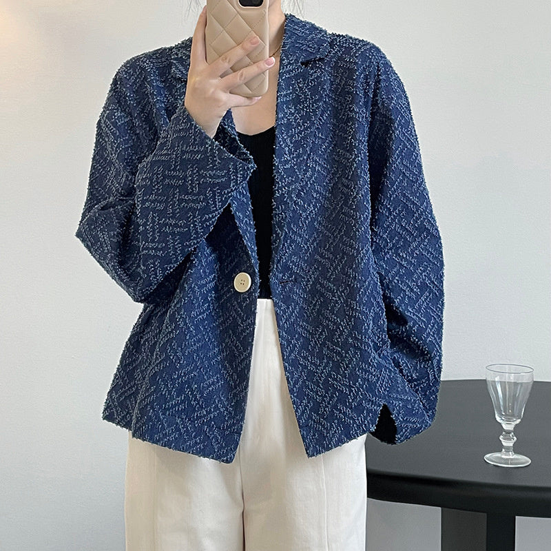 Women&#39;s One Button Oversized Tweed Denim Blue Coat Women&#39;s Casual Thin Long Sleeve Blazer