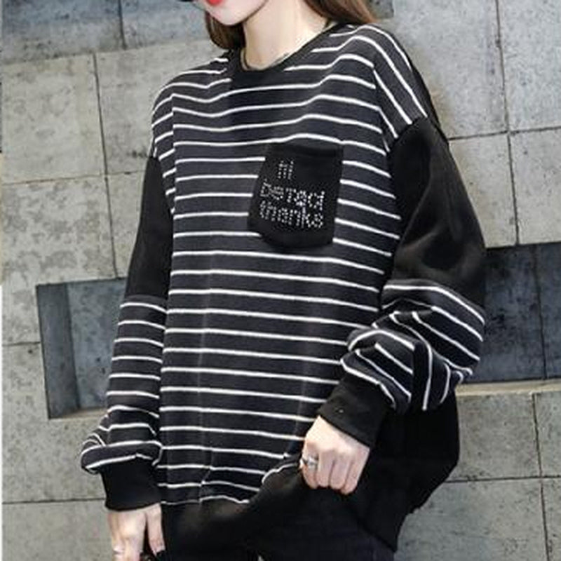 Female Streetwear Sweatshirt Rhinestone Woman Clothing Casual Korean Fashion Pullover Stripe Crewneck Clothes Black Vintage Tops