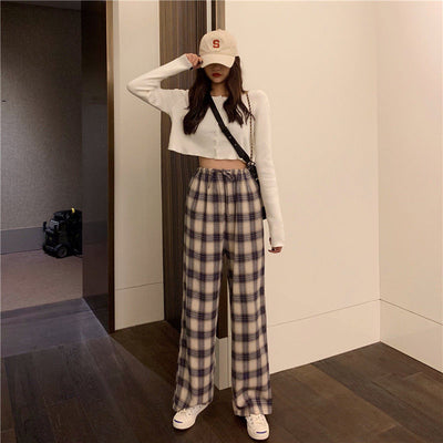 Spring and Summer Korean Version of Loose Plaid Pants Thin Casual Pants Ins High Waist Wide Leg Sports Straight Pants for Women