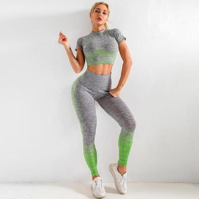 2PCS/SET Yoga Set Sport Women Yoga clothing Seamless Short Sleeve Crop Top T-Shirt Leggings Summer Run Workout Gym Suit Sets