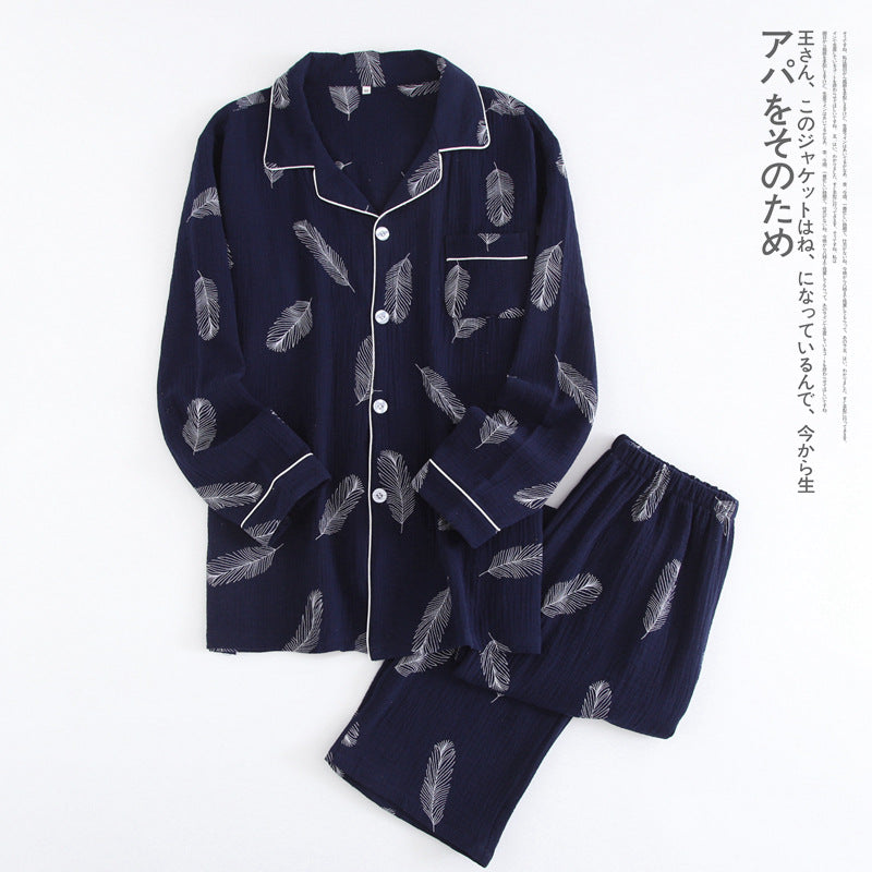 Japanese Cotton Yarn Mens Pajamas Set Spring Autumn Home Suit Male Thin Long-Sleeved Cardigan Gauze Lapel Washed Crepe Homewear