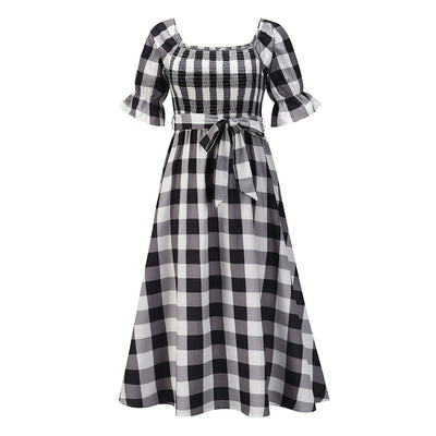 Beach Holiday Puff Sleeve Dress Summer Casual Elegant Chic Dresses for Women Plaid Print Bohe Fashion Long Skirt Square Collar