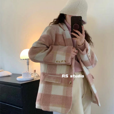 Winter Women Woolen Plaid Blazer Retro Vintage Brown Color Checked Slim With Belt Ladies Tweed Jacket Female Wool Coat