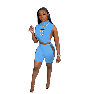 Tracksuits Women Summer 2022 Sexy Fashion Hollow Out Two Piece Set Outfit Sleeveless Crop Top + Short Evening Club Party X9050