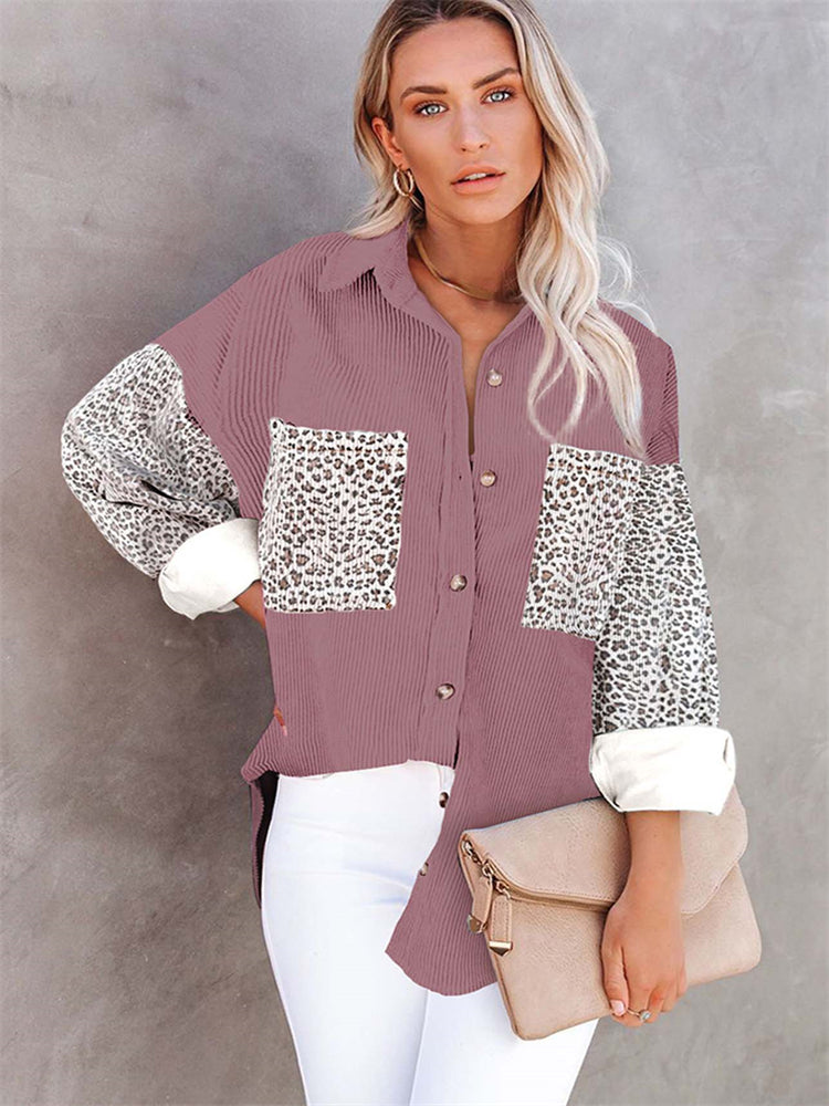 OMZIN Women&#39;s Casual Corduroy Shirt Long Sleeve V-Neck Loose Leopard Print Elements Coat Vintage Button Down Jacket