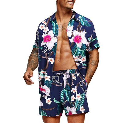 New Trend Men Hawaiian Sets Summer Feather Printing Short Sleeve Button Shirt Beach Shorts Two Set Casual Trip Mens 2 Piece Suit