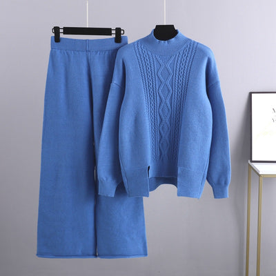 Autumn Winter Knitted Sweater Set Women 2022 Turtleneck Split Pullovers Elastic Waist Wide Leg Pants 2 Piece Set Thick Warm Suit