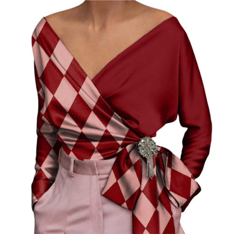 Contrast Color Shirts Women Tops Long Sleeve Blouses for Women Deep V Neck Shirts Sexy Ladies Top blusa feminina рубашка женская