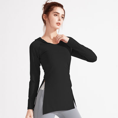 Autumn Women Sport Hoodies Quick Dry Yoga Shirts Long Sleeves Running T-shirt Forked Sweatshirts Bandage Gym Fitness Hooded Tops