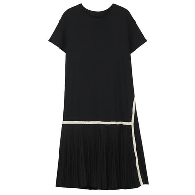 Korean Summer Retro Loose Short Sleeve Color-collision Stitching Fake Two Dresses Irregular Pleated Dress