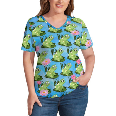 Green Funny Frog T-Shirts Cute Animal Print V Neck Casual T-Shirt Short Sleeve Trendy Tshirt Beach Pattern Clothes Plus Size 4XL