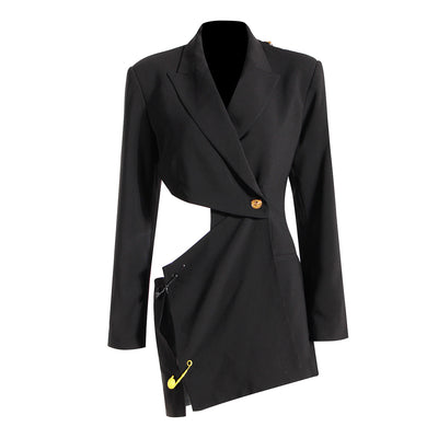 [EWQ] Sexy Hollow Backless Asymmetric Black Suit Slim Coat Women 2022 Summer New Trend Ladies Clothing Long Sleeve Blazer 16Y217