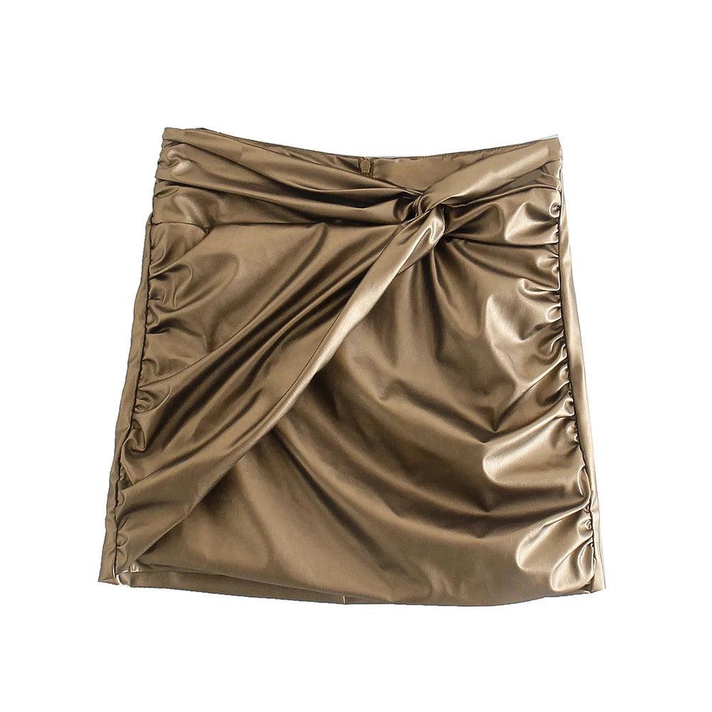 xikom Women Vintage PU Streetwear Solid Mini Skirt Ladies Casual Female Slim High Waist Chic Folds Skirt