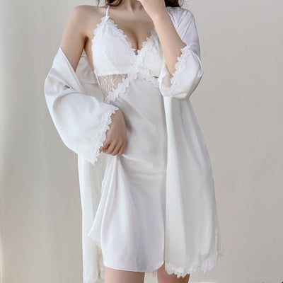 Hollow Out Lace Women Sleepwear Suspender Nightgown Suit White Satin Wedding Robe Sexy Loose Kimono Bathrobe Intimate Lingerie