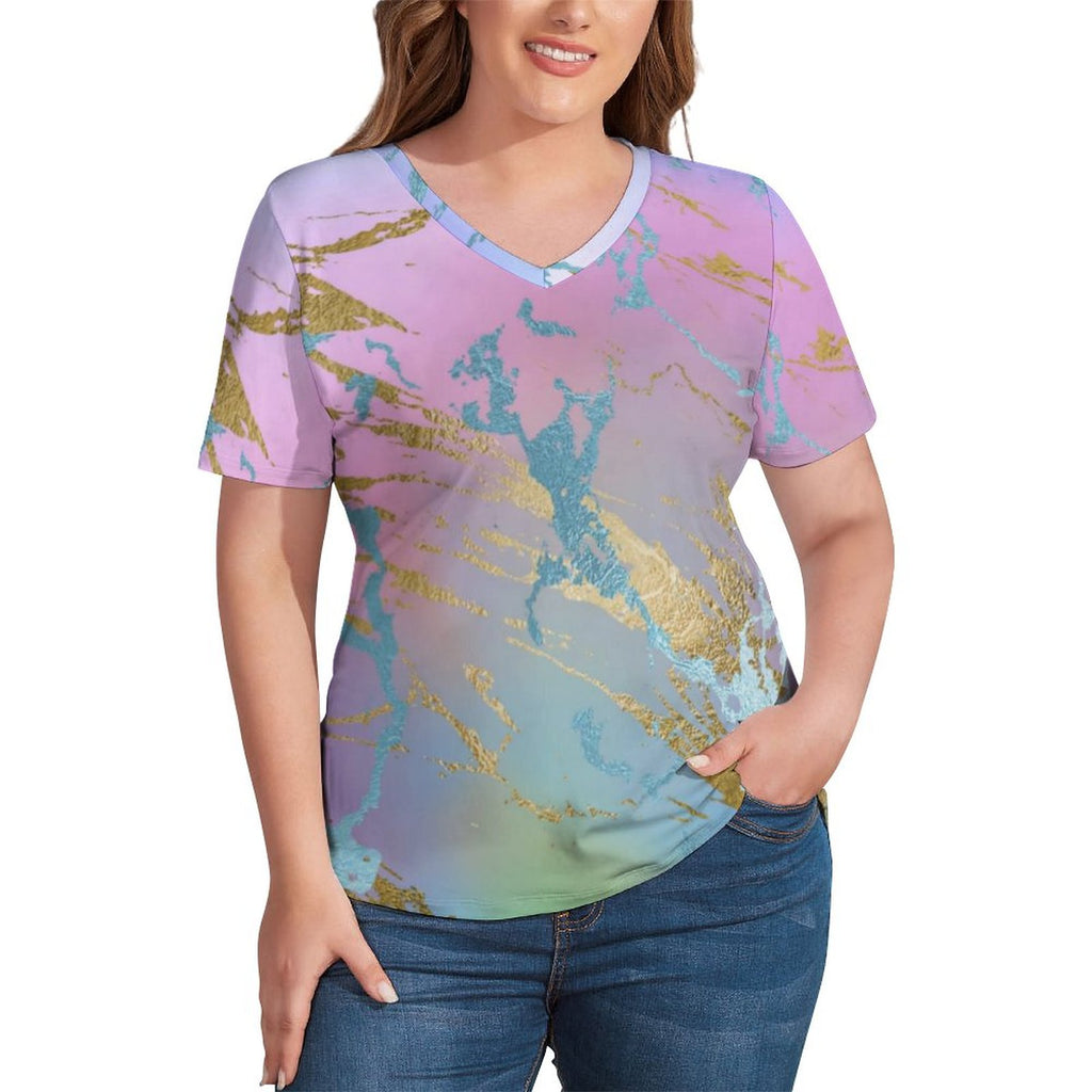 Pink Aqua Ombre T-Shirt Plus Size Dragonflies Print Vintage T Shirts Short Sleeves V Neck Casual Tees Female Beach Pattern Tops
