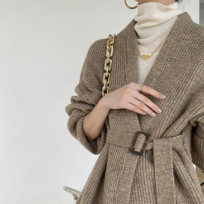 Elegant Cardigan Women Sweater Autumn Winter Sash Tie Up Knitted Sweater Loose Jacket Ladies Sweaters Cardigans Female