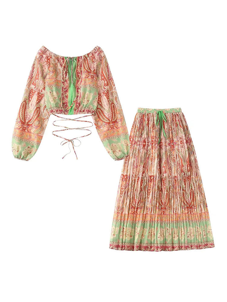 Nlzgmsj 2022 Vintage Chic Women Two Piece Outfits Off Shoulder Long Sleeve Tops Bohemian Elastic Waist Skirts 2 Piece Boho Sets