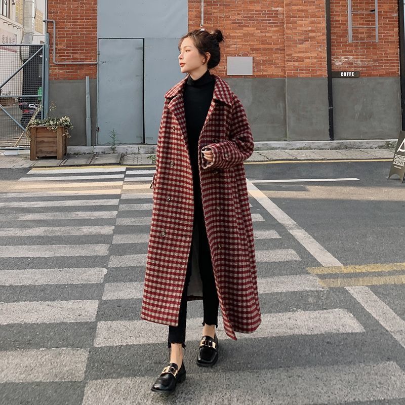 Plaid Wool Plush Coat Women&#39;s Mid Long 2021 Windbreaker Winter New Korean Loose Thickened Popular Woolen Coat Women&#39;s Wear
