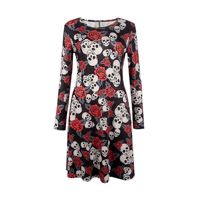 Adult Women Halloween Rose Skull Skeleton Print Costume Horror Long Sleeve Pullover Shirt Dress Female Scary Clothes For Ladies