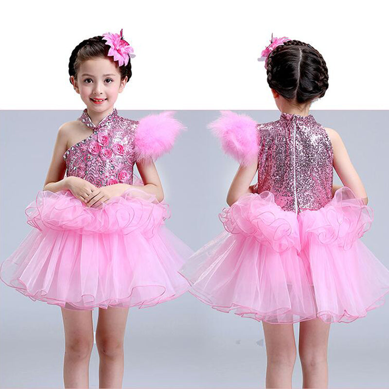 Kids Concert Clothing Sequined Dancing Clothes Off Shoulder Dress Girls Jazz Dance Costume Stage Wear Toddler Princess Dress
