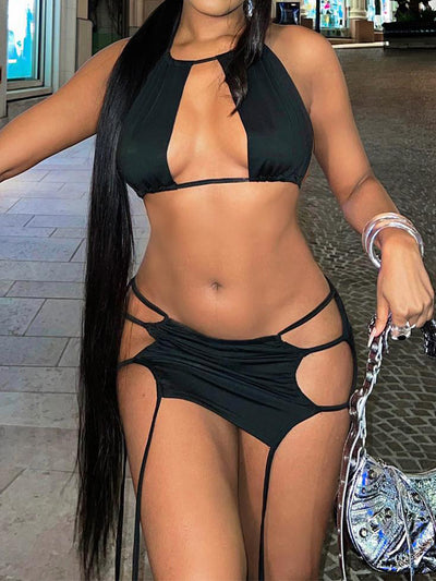 Sexy Women&#39;s Two-Piece Sets Streetwear Solid Halter Lace Up Corset Top Hollow Out Mini Skirt Bodycon Bandage Nightclub Outfits