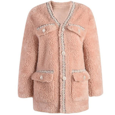 Small fragrance winter fahsion pearl beading diamond fu coat women thick warm v-neck outwear