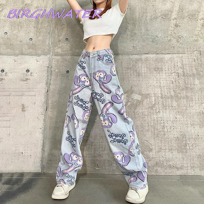 Women Jeans Fashion High Waist Loose Cartoon Printed Zipper Casual Female Long Trousers Large Size 2022 Autumn Straight Pants