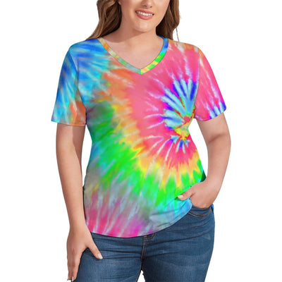 Retro Tie Dye 60S T-Shirts Blue Aqua Print Street Style V Neck T-Shirt Short Sleeves Trendy Plus Size Tee Shirt Graphic Clothes